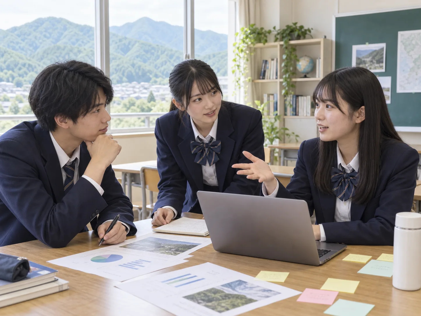 探究テーマについて話し合う高校生