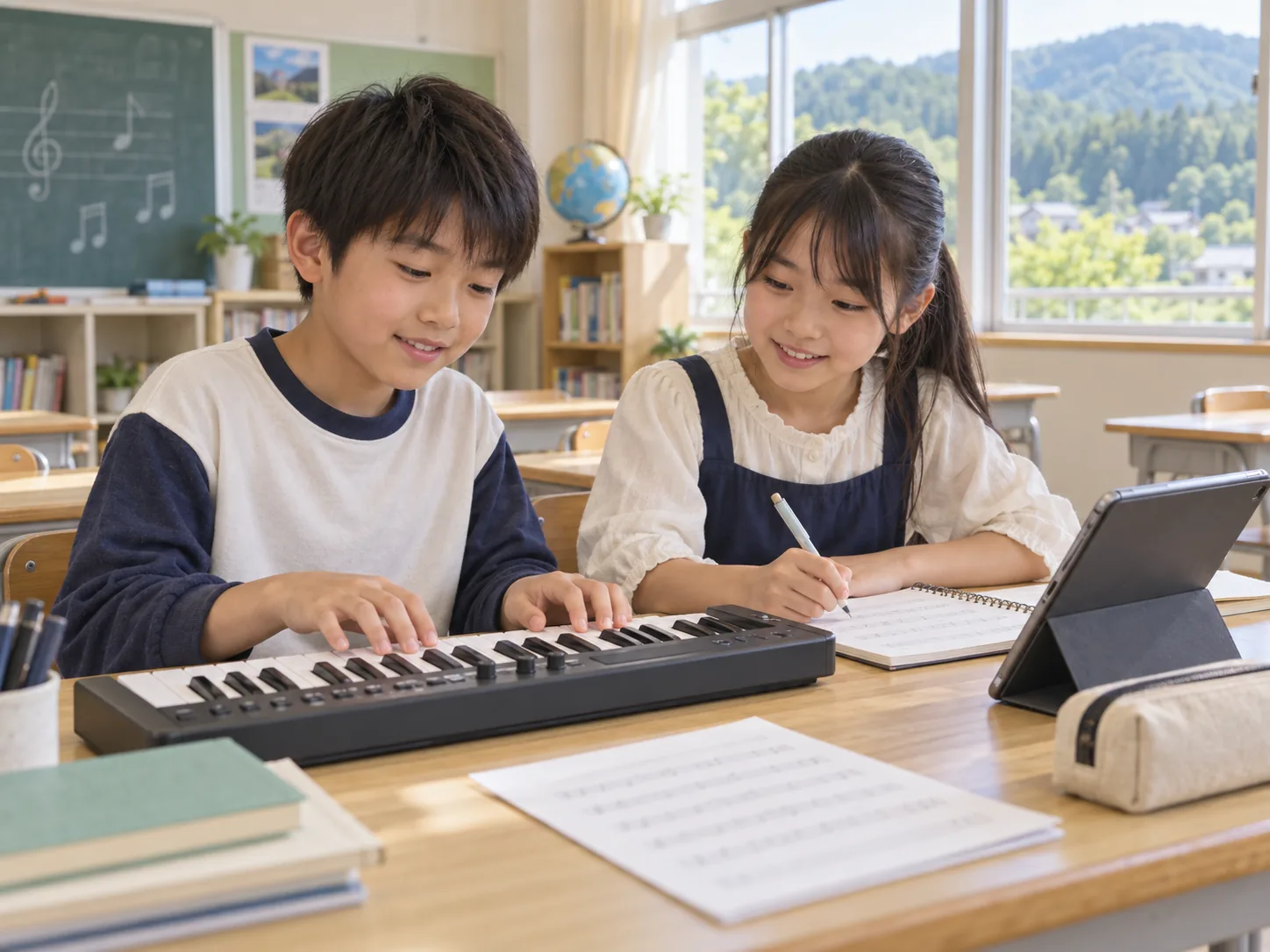 タブレットで作曲に取り組む小学生